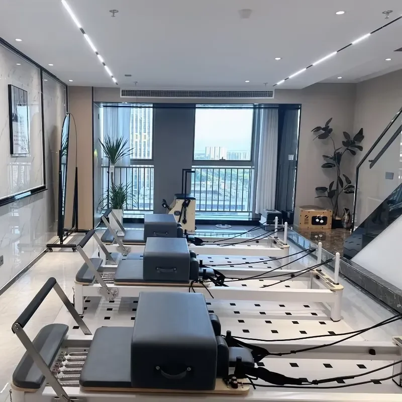Professional Aluminum Pilates Reformer Fixed Pole Bodybuilding Equipment Beige Color For Home Gym Studio Workout Training