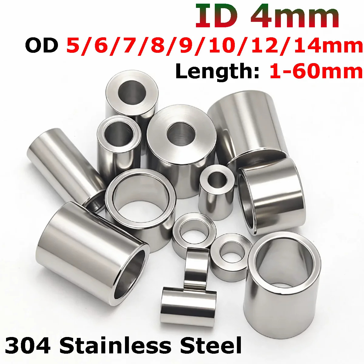 Inner Dia 4mm 304 Stainless Steel Bushing Washer Round Hollow No Thread Standoff Spacer Sleeve OD 5/6/7/8/9/10/12/14mm L=1-60mm