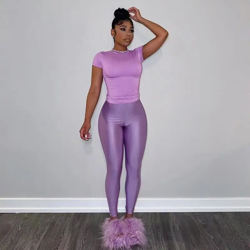 Women Solid Fitness Workout 2 Piece Set Tracksuit O-neck Short Sleeve T-shirt Tops + Glossy Leggings Pants Casual Sporty Suits