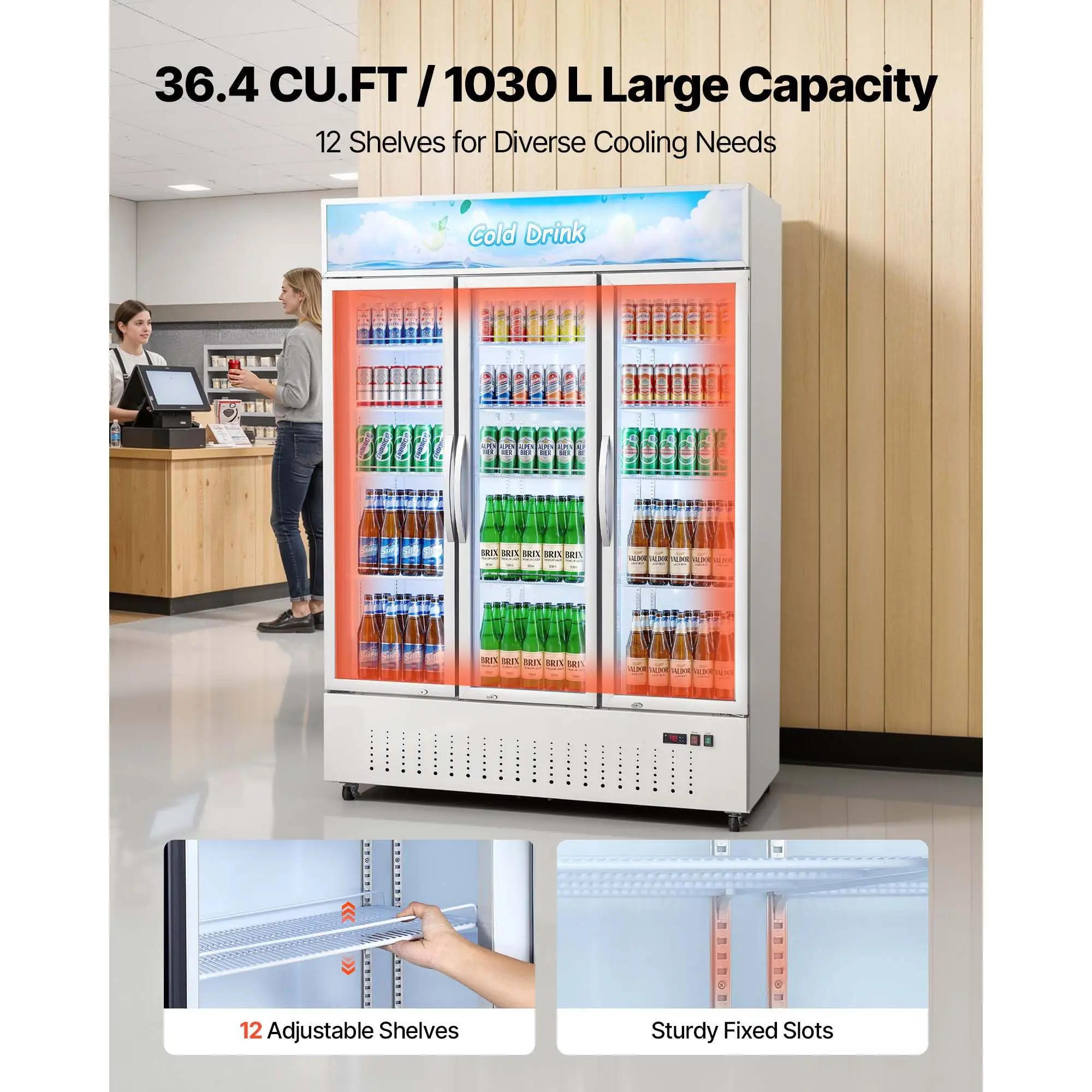 Commercial Merchandiser Refrigerator, 36.4 Cu.Ft / 1030L Upright Beverage Cooler, 3 Glass Door Display Refrigerator with