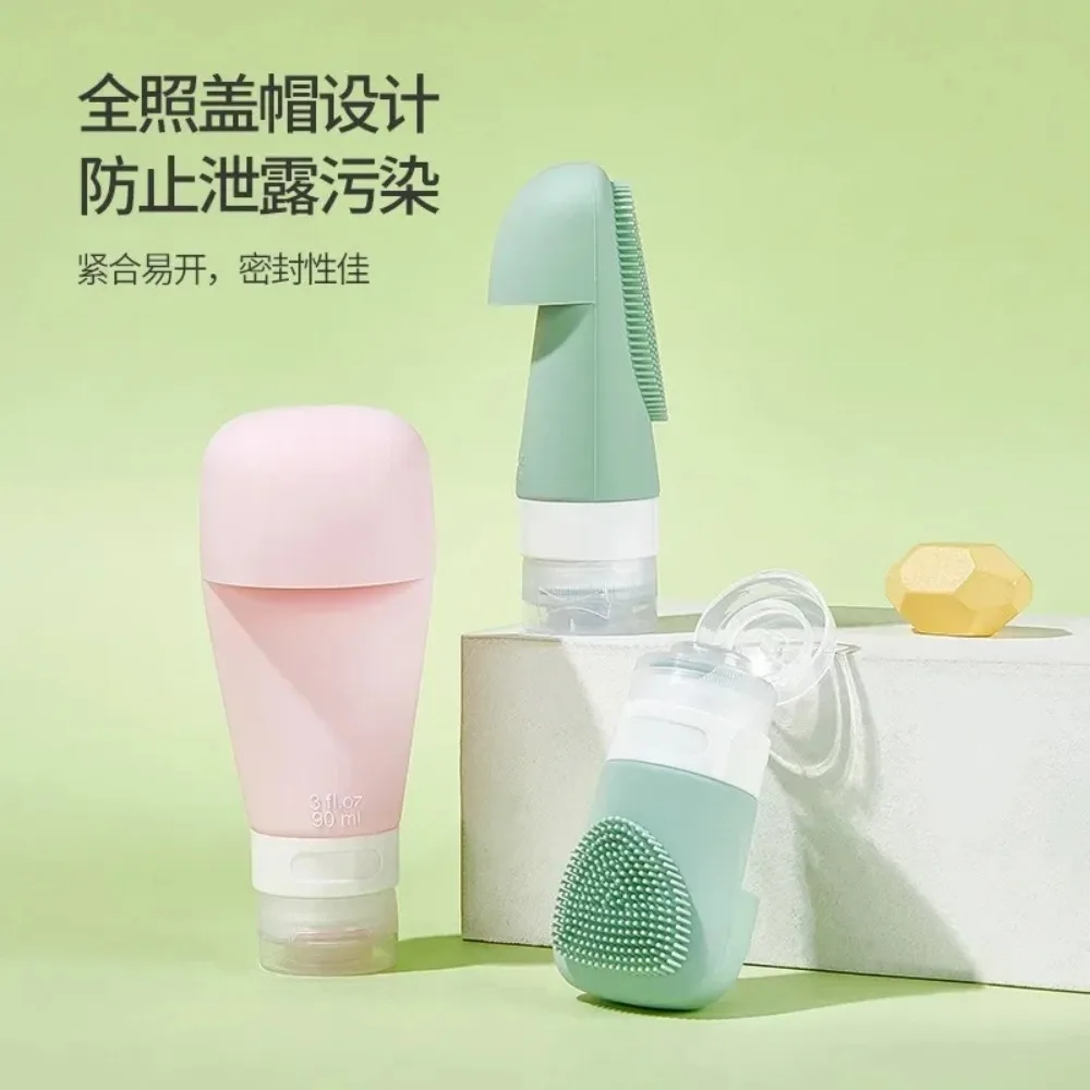 60/90ML Portable Silicone Travel Bottle with Facial Brush Cosmetic Storage Refillable Leakproof Shampoo Container Squeeze Tube