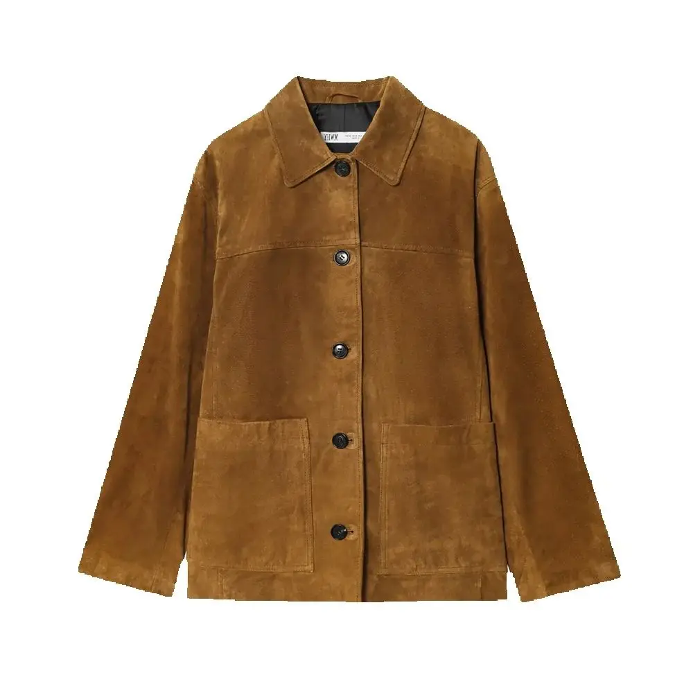 

Осенняя замшевая кожаная куртка с длинными рукавами и лацканами, однобортная куртка, свободный повседневный топ