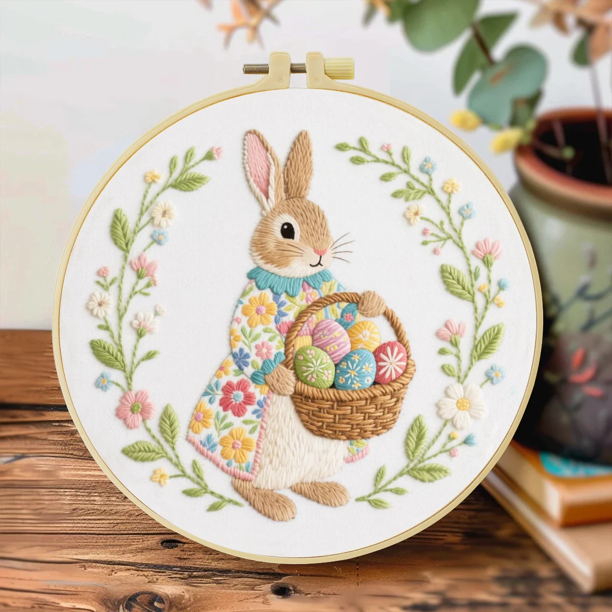 1pc 20X20CM/7.87inch The Rabbit Is Holding a Basket of Eggs Embroidery Starter Kit DIY Craft Painting Set for Beginners
