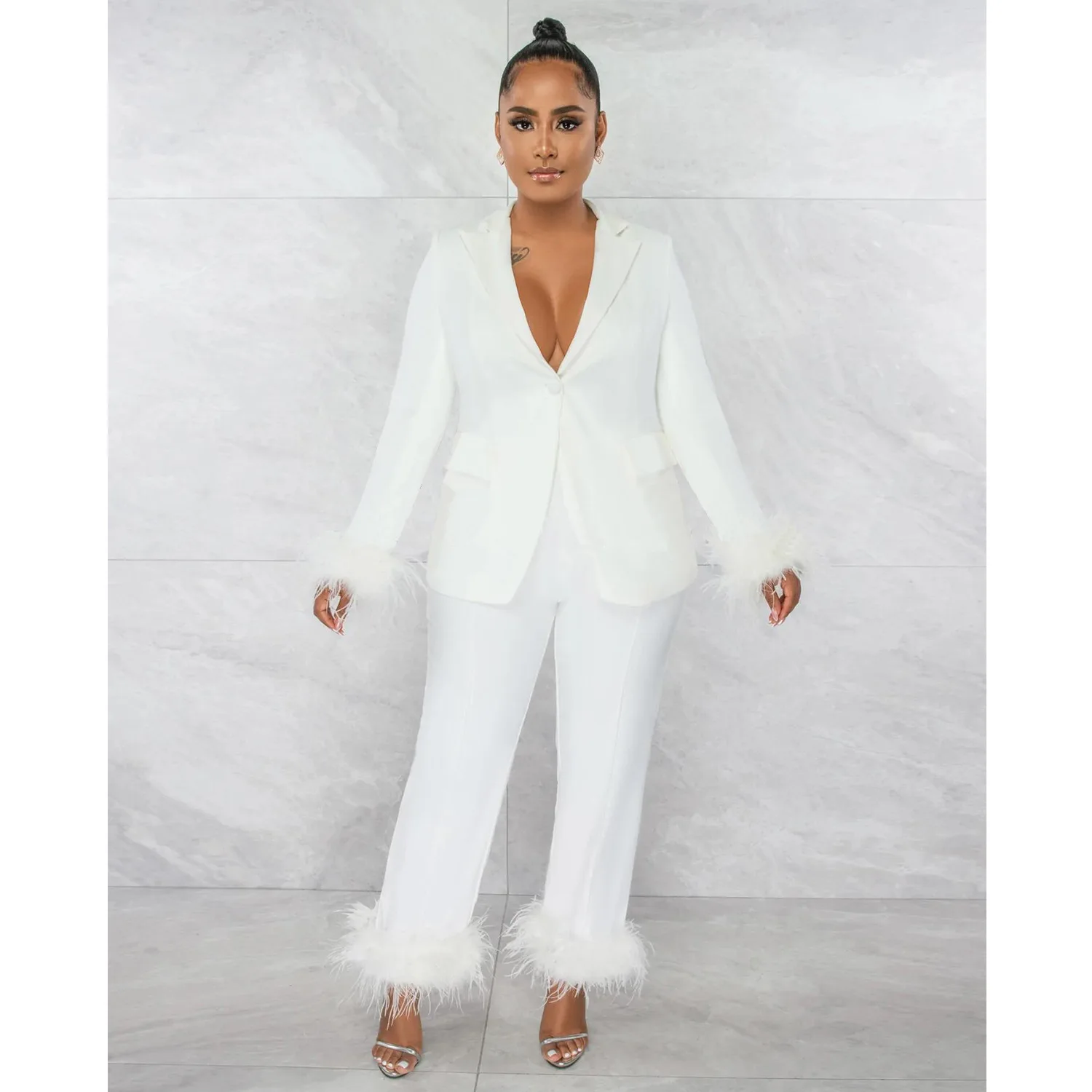 Vanhao New Arrivals Fall Outfits Vrouwen Veren Lange Mouw V Hals Effen Blazer Set Formele Pak Voor Vrouwen Groothandel Dropshipping