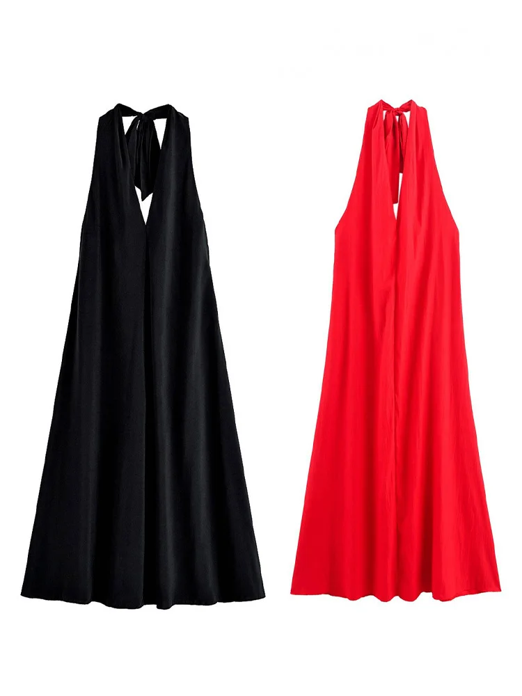 HH Woman Hanging Neck Collar Solid Dresses Women Summer Midi Dress Fashion Pleated Sleeveless Bow Decorate Backless Dress
