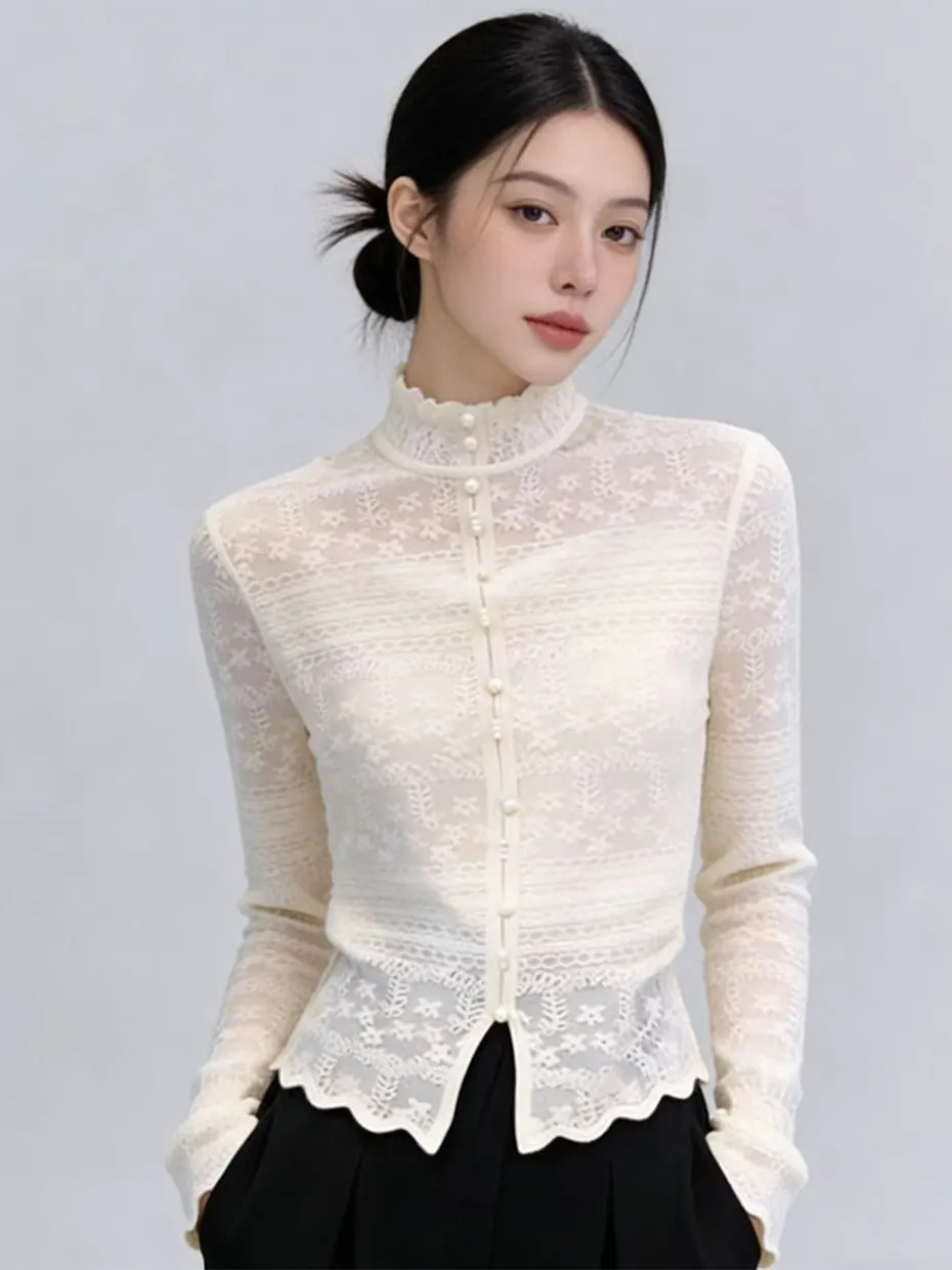 

Корейская женская блузка с длинным рукавом, вышивкой и кружевом, воротником-стойкой, бисером и цветочным принтом, приталенная, модная, базовая, с защитой от...