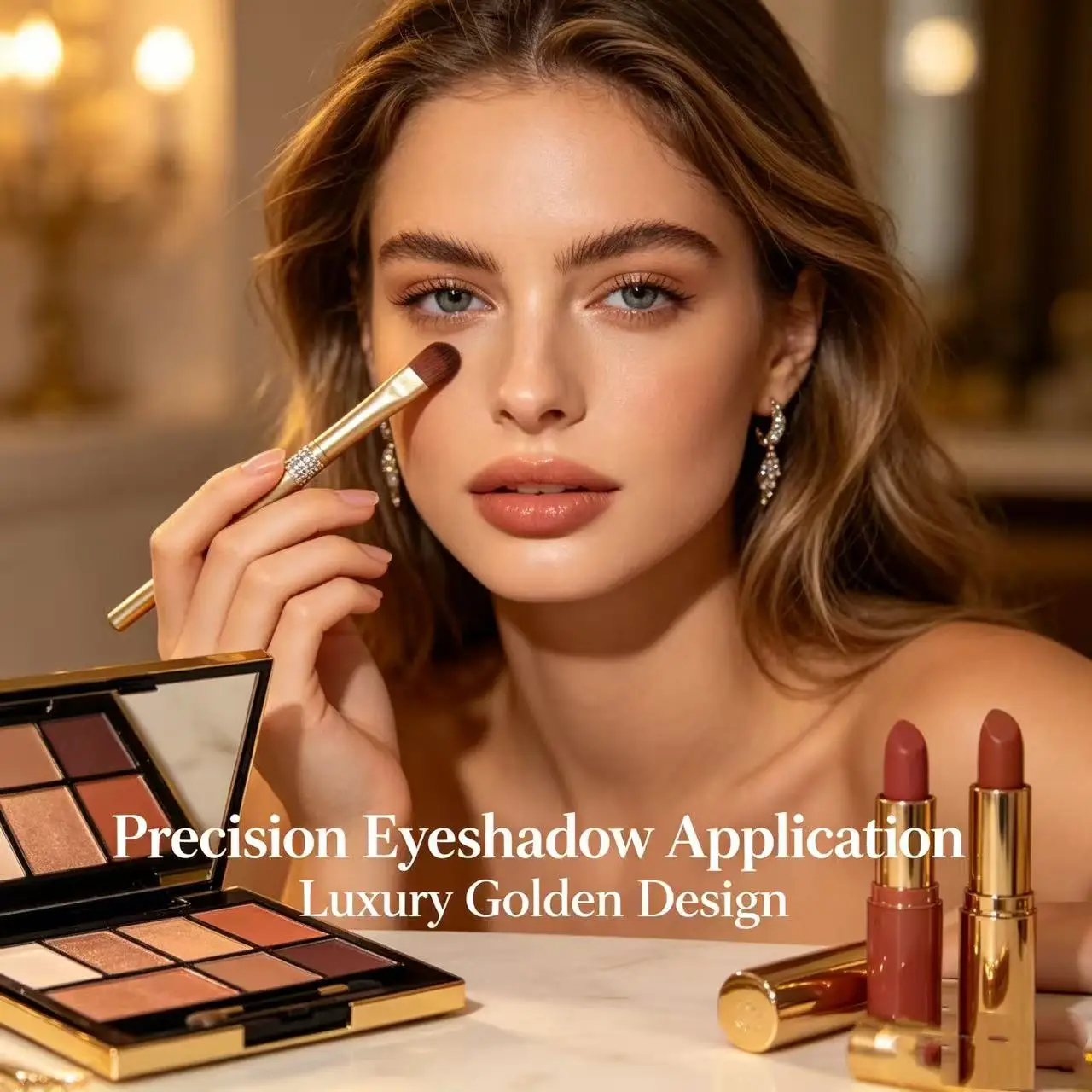 Champagne gold handle with diamond-embellished details. Eyeshadow brush for precise color application and blending.