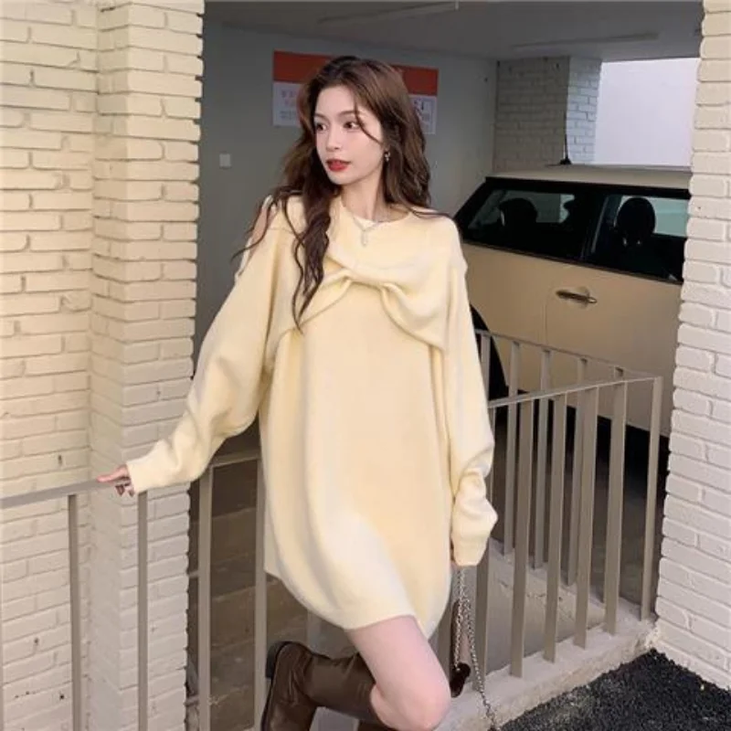 

Sweater pullover autumn and winter off-shoulder bow solid medium length sweater knit o neck long sleeve sweater pullover female