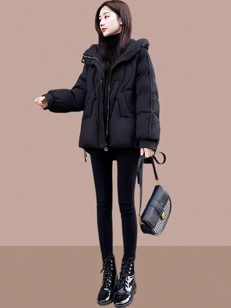 

Женская утепленная хлопковая куртка-пуховик на молнии с капюшоном, свободного кроя, в корейском стиле, с длинными рукавами, черная, для зимы