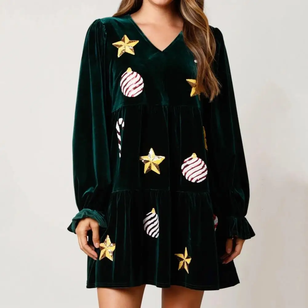 

Lady Dress Festive Star Print Velvet Christmas Dress with Ruffles Sequin Patchwork A-line Pleated V Neck Long Sleeves for Women