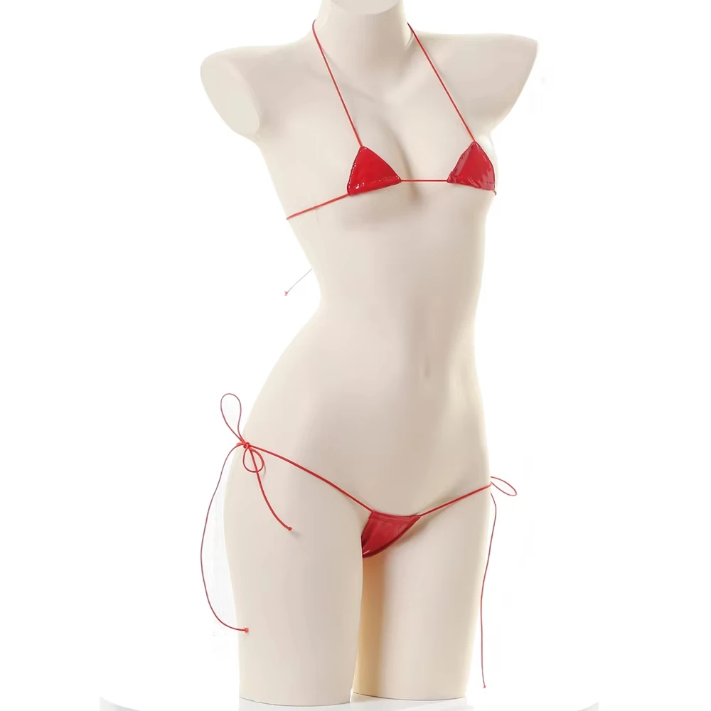 Sexy Micro Bikini Leather Lace Up PU Underwear Lingerie Swimsuit Low Waist Bikinis Sets Beach Swimwear