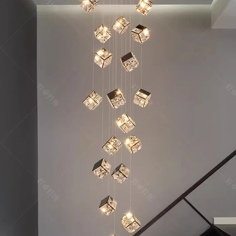 Modern K9 Crystal Led Chandelier Stair 2026 Luxury Cube Steel Pendant Lights Indoor Decor Lighting Lamparas Luminarias Lighting