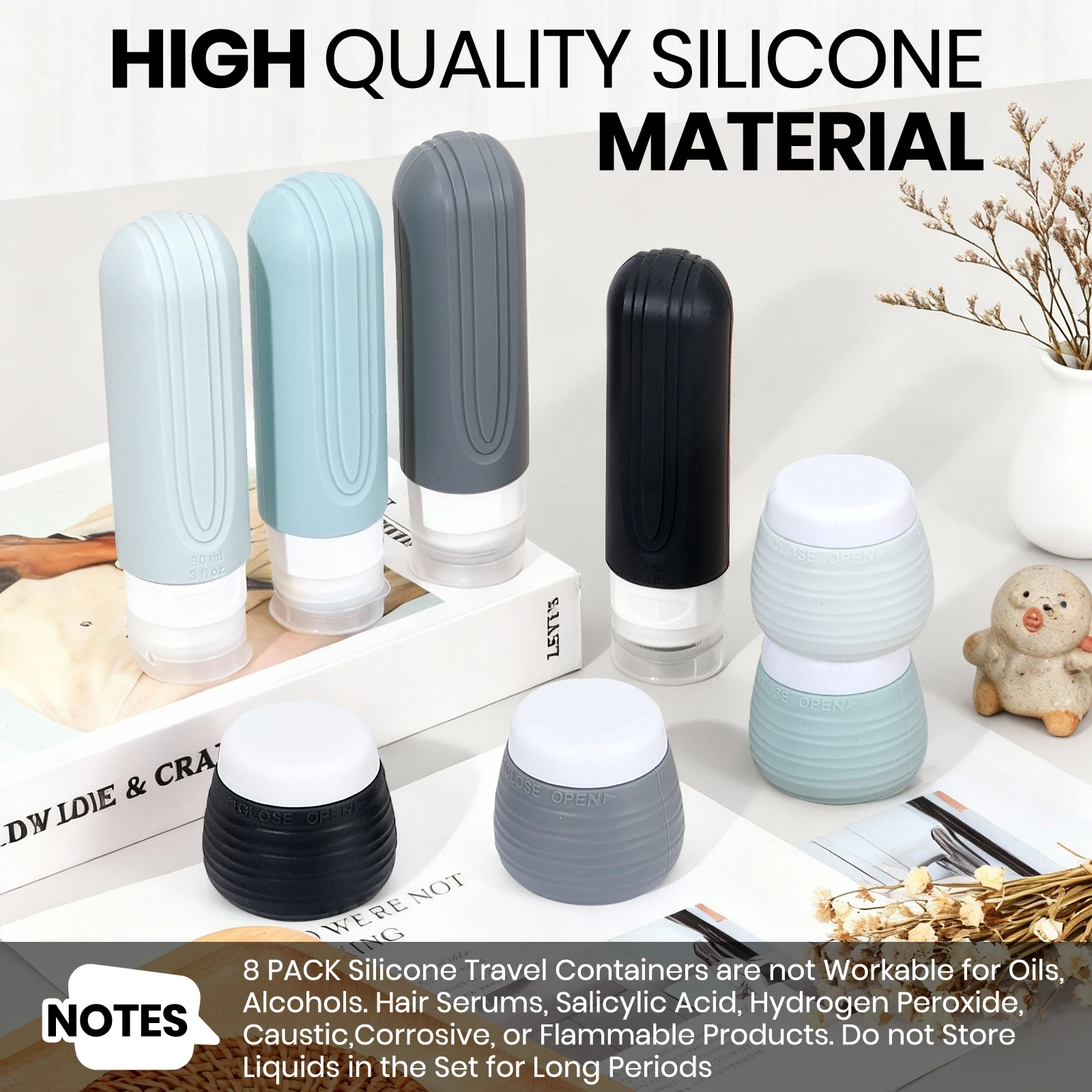 15-Piece Travel Essentials Set, Tsa-Approved Travel Toiletry Storage Box Set, Includes 4 Silicone Leak-Proof Refillable Bottles, 4 Cream Jars, 4 Accessory Sets, 2 Stickers, and 1 Transparent Storage Bag, Perfect for Cruise and Travel Season Essentials, Total of 15 Pieces