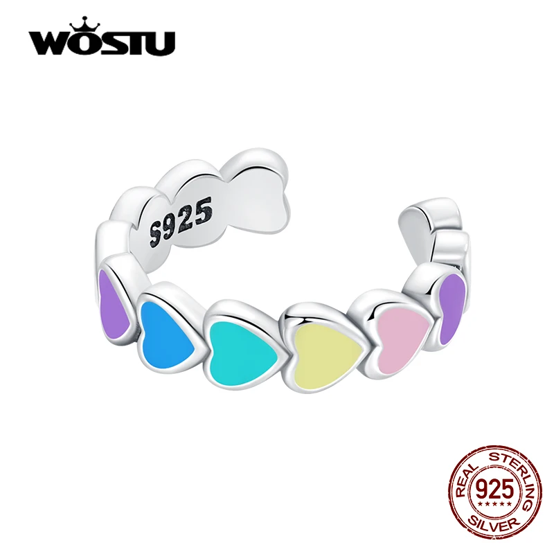 WOSTU Real 925 Sterling Silver Rainbow Heart Mono-Ear Cuff for Women Fashion Colorful Ear Clip Fine All-match Jewelry 1 Piece