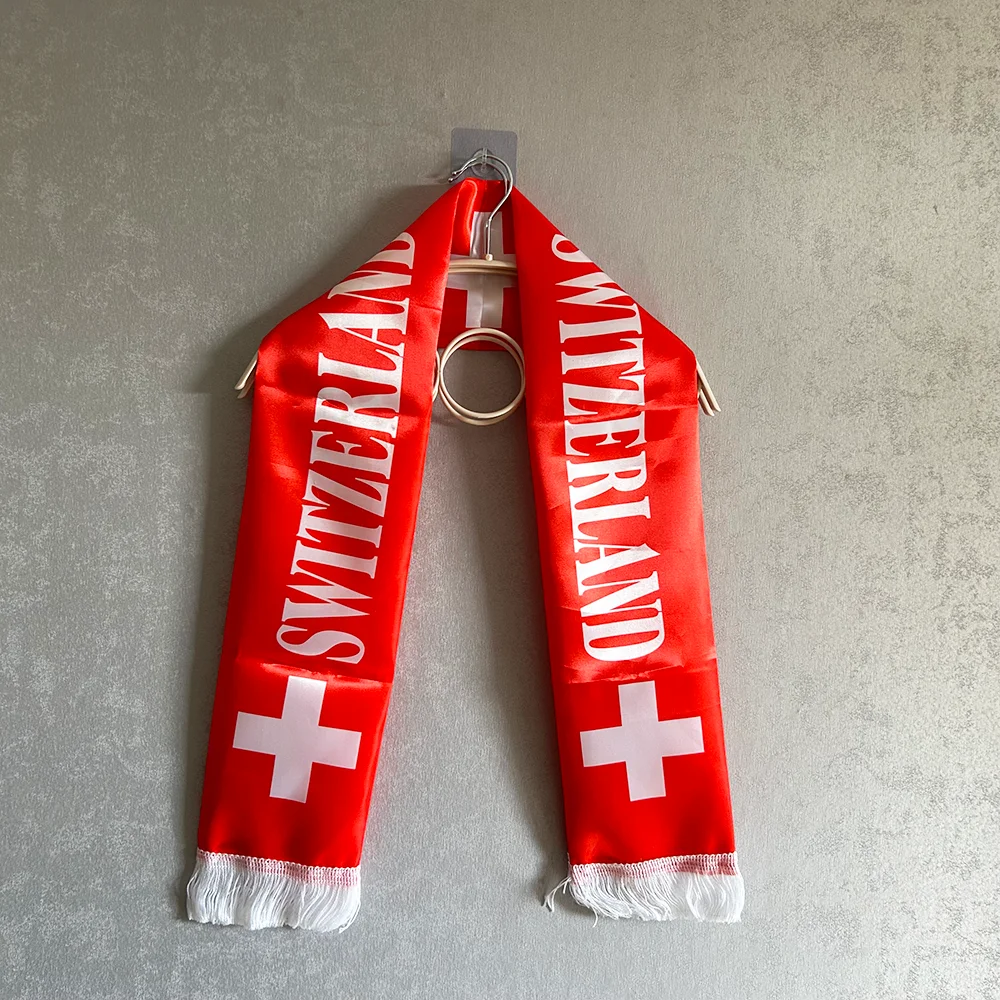 2026 Switzerland Scarf 14x135cm Double-sided Printed Satin Switzerland Flag Swiss Scarf Tassels Suitable for Football, Events