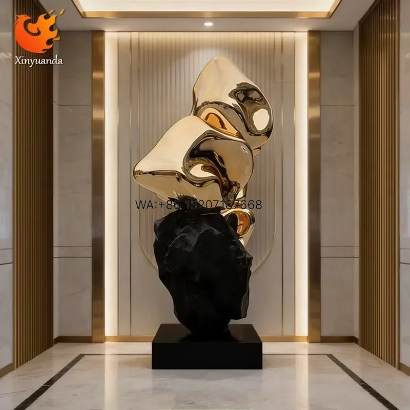 Wmwmnu Custom Large Abstract Fiberglass Sculpture Electroplated Gold Modern Art Statue for Indoor Lobby Hotel Villa Decor