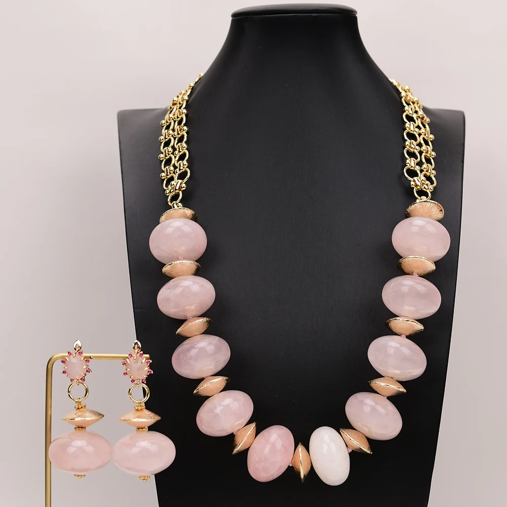 

GG 25'' Natural 20x30mm Huge Rose Quartzs Smooth Rondelle Gold Plated Chain Brushed Beads Necklace Earrings Sets For Lady Gifts