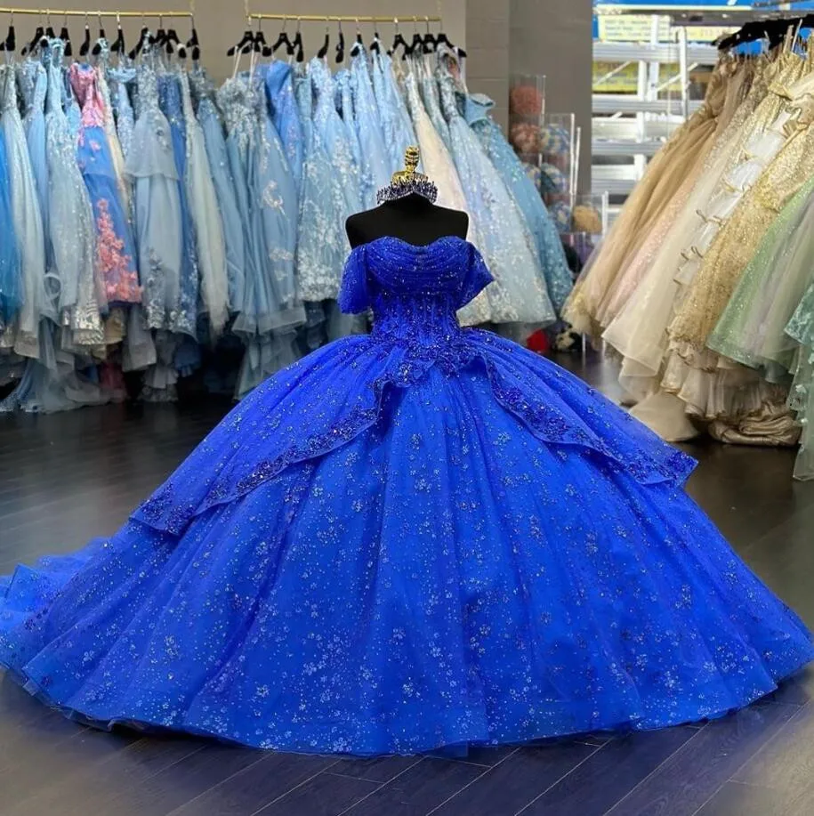 Vestido de quinceañera azul real brillante de lujo, apliques de hombros descubiertos, falda de Gillter, vestido de quinceañera dulce 16, 15