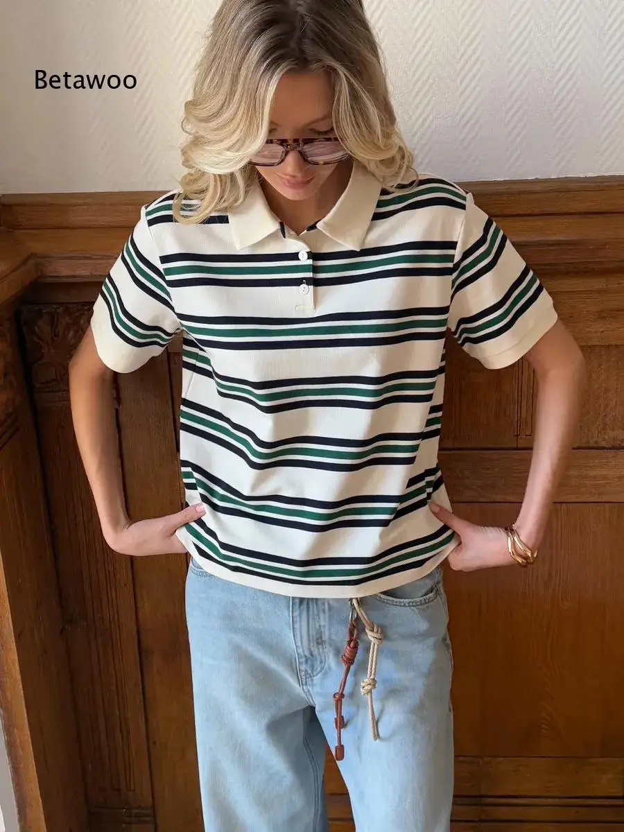 Block Stripe Polo Top Ladies Classic Collar Two Buttons Placket Short Cuffed Sleeve Loose Daily Tee Shirt