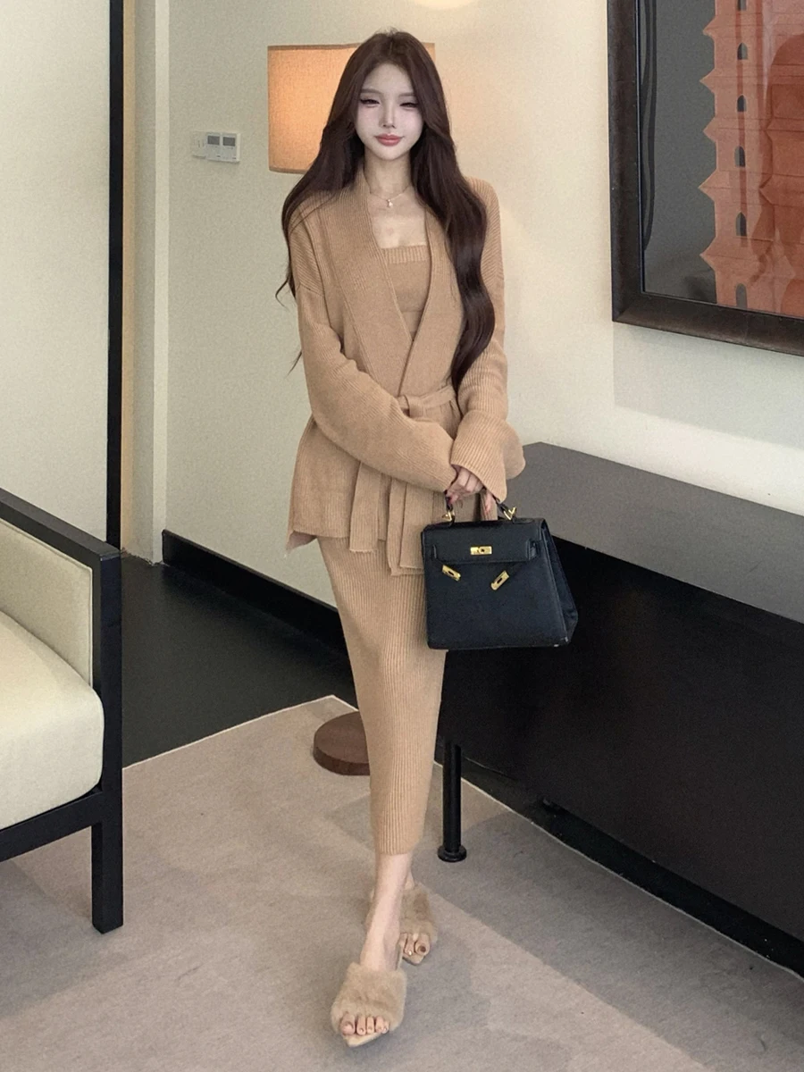 Thickened Knitted Sweater Belted Wrap Dress Three-Piece Set Women's Fashionable Slim Fit V-Neck High Waist Long Skirt Set