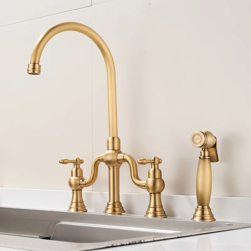 

Creative Black Chrome Antique Brushed Gold 8 Inch 3 Hole 4 Hole Split Kitchen Sink Faucet with Spray Gun