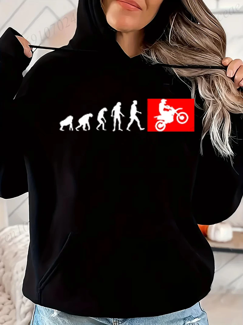 Women's Casual Hoodies Autumn Winter New Human Evolution Motocross Print Round Neck Long Sleeve Femininas Pullover Sweatshirt