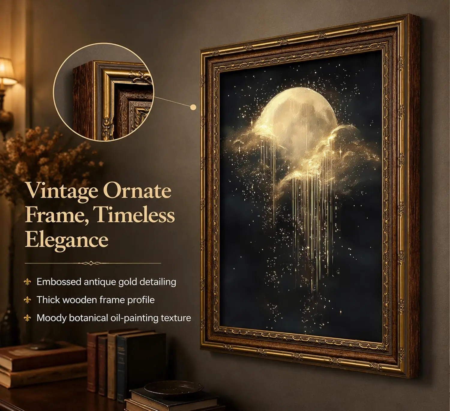 Antique Framed Celestial Canvas Wall Art Golden Moon Starry Sky Canvas Painting Retro Dark Home Bedroom Wall Decoration - view 3