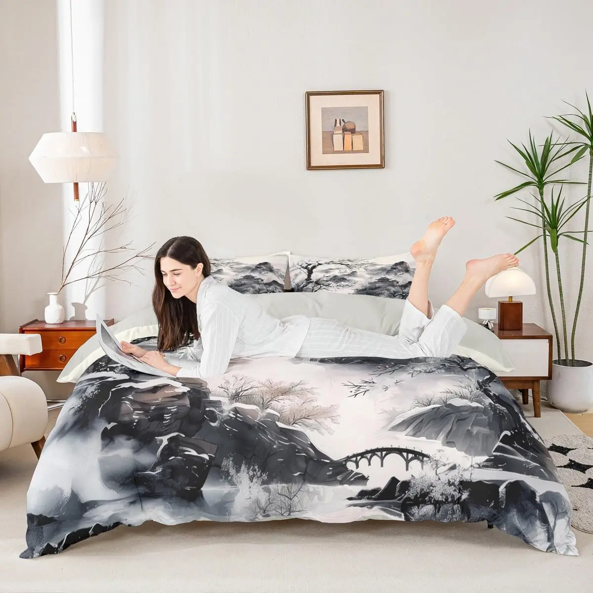 Japanese Anime Kids Bedding Set Double Size Japan Cherry Blossom Mountain Sun Abstract Ink Art Quilt Cover
