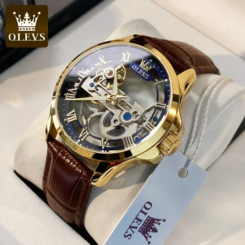 OLEVS Men\'s Watches Automatic Mechanical Watches Waterproof Leather Strap Top Luxury Men Wristwatch Luminous Gift Box Watch Men