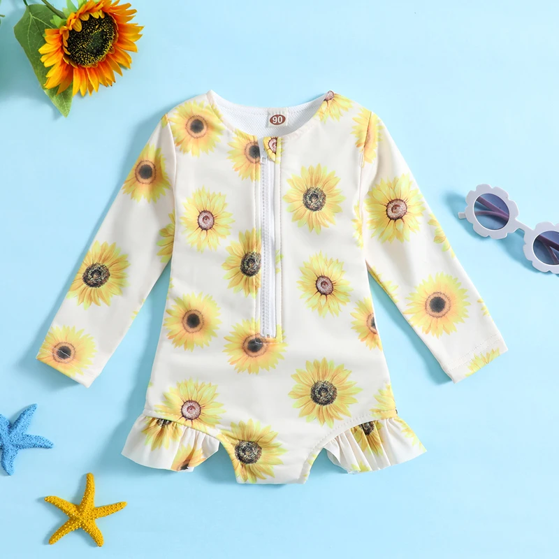 The Latest 1-5T Children\'S Baby Girl Swimwear Summer Floral Long-Sleeved Zipper Ruffled Round Neck Swimwear Beachwear Swimwear