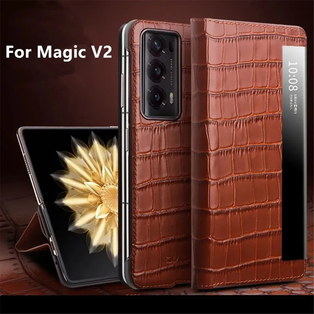 Genuine Cowhide Leather Crocodile  Magnetic Flip Case for Honor Magic V2 Window View Holder Cover