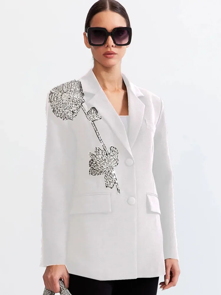 2024 Luxury Designer Women White Party Blazer Long Sleeve Single Breasted 3D Crystal Embroidery Formal Occassion Top Dress