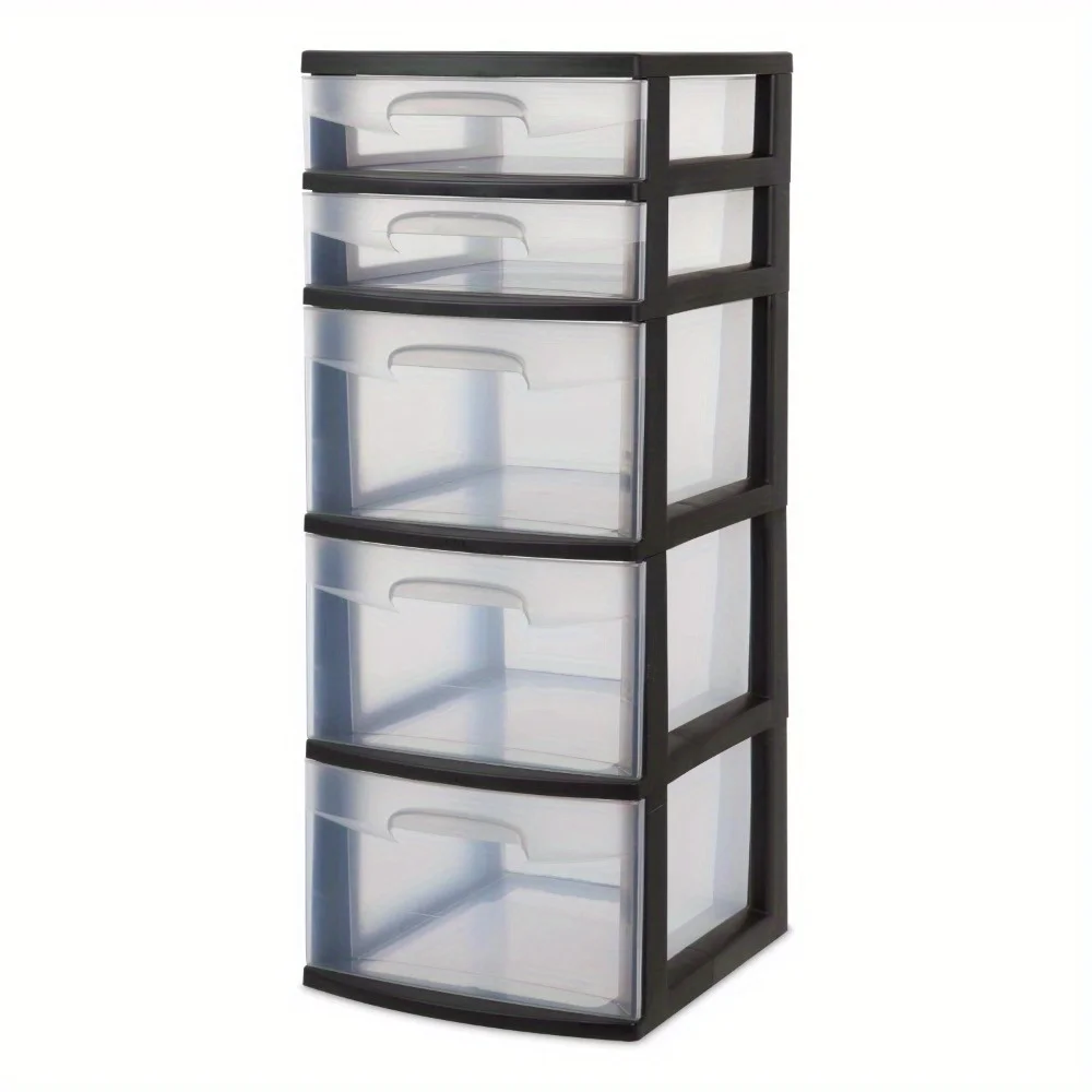 Nice Plastic 5-type Drawer Tower, Black With Transparent Drawer, Exquisite Design, Easy To Clean, Easy To Store Wu