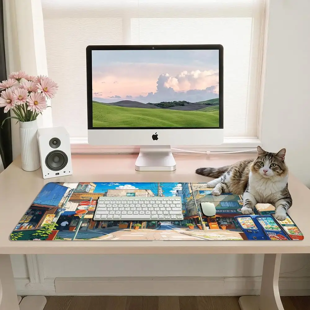 Large Anime Japanese Street Gaming Mouse Pad Vending Machine Summer Town Blue Sky Cloud Urban pc accessories tapis de souris