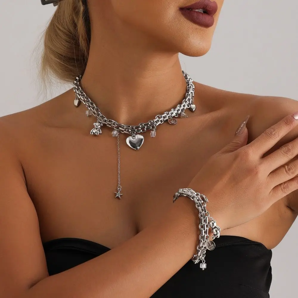 Exaggerated with Love Bear Pendant Punk Chain Geometric Hip Hop Collarbone Simplicity Metal for Women Girls