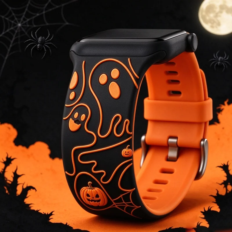 3D Laser Engraved Silicone Band for Apple Watch, Cute Ghost Pattern Strap Compatible with serise1-12,Halloween Replacement Wrist