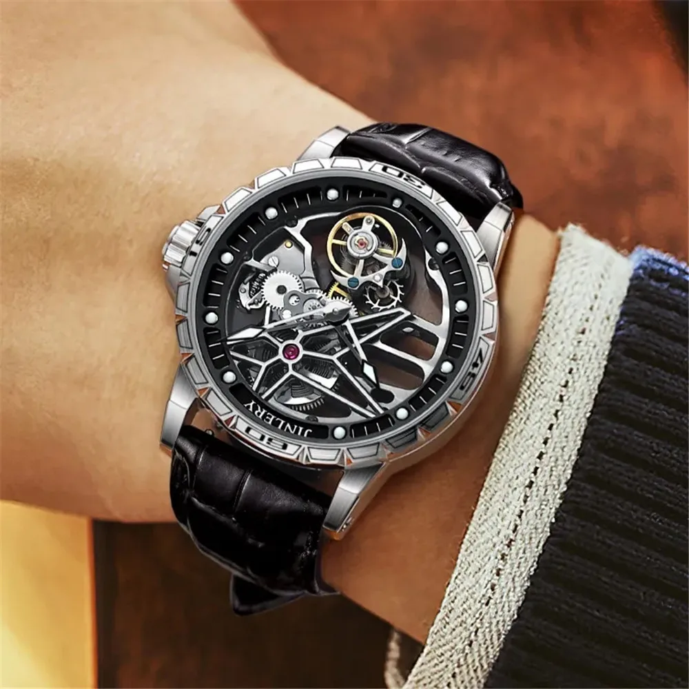 JINLERY Tourbillon reloj mecánico de cuerda a mano reloj de pulsera para hombre cristal de zafiro esqueleto para hombre relojes impermeables reloj Masculino