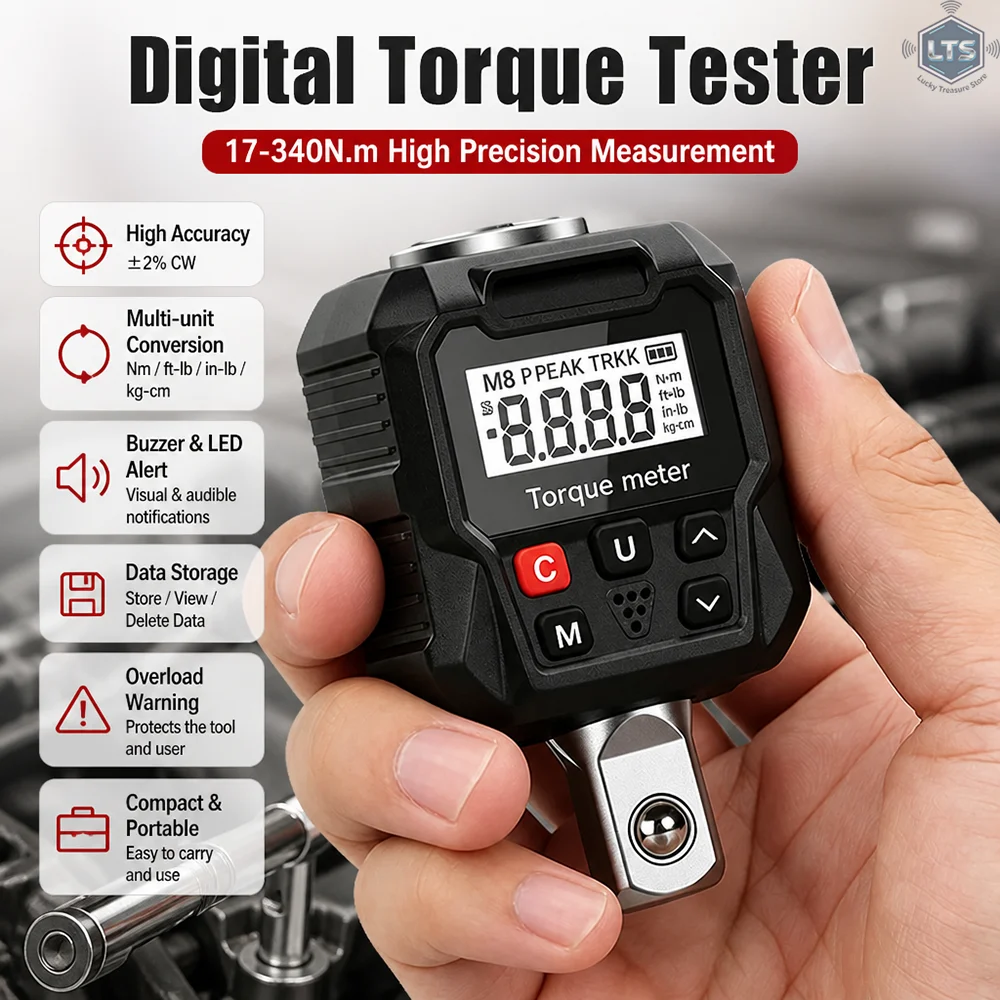 17-340N.m Digital Torque Meter 1/4'' 3/8'' 1/2'' Wrench Torque Adapter High-precision Electronic Torque Tester Car Repair Tools