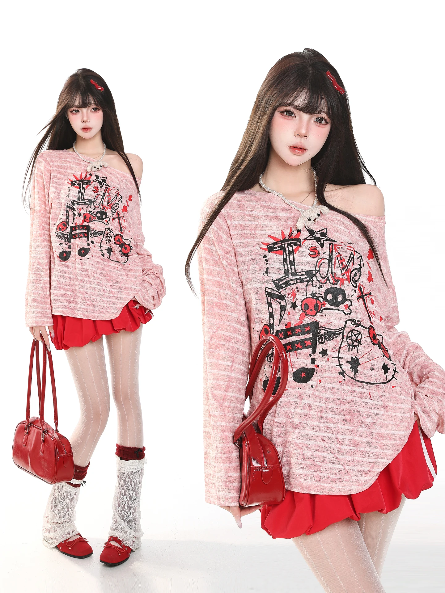 Sweet Cool Cartoon Graffiti Long Sleeve T-Shirt Women's Loose Casual Beautiful Shoulder Covering Top Spring Seasonal Fashion