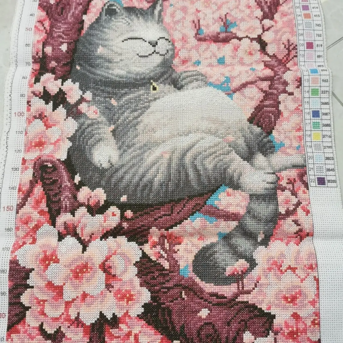 [Pure handmade cross stitch finished product]Cherry Blossom Cat Drawing Heart Size 39 * 65 Children's Room Cartoon