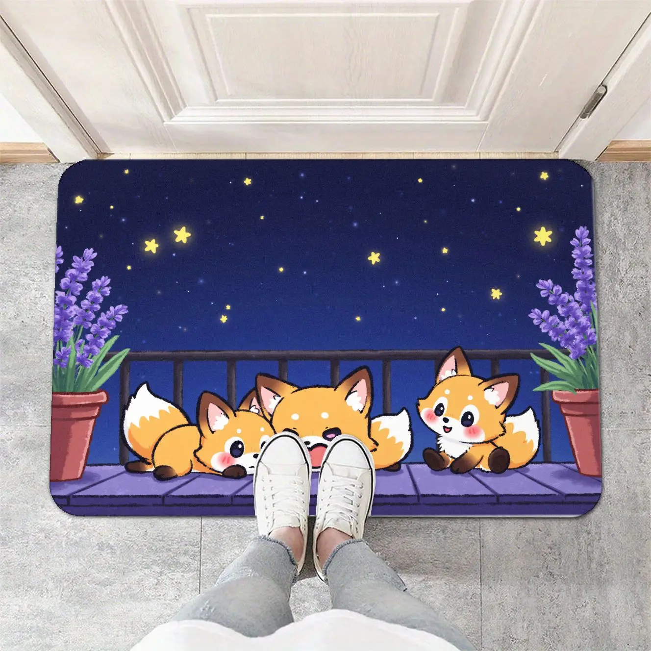 MatMuse Fox Family Di Balkon Malam Berbintang Lembut Diatomaceous Earth Mat Keset Lantai Keset Kamar Mandi Penyerap Perawatan Mudah Fashion Mat