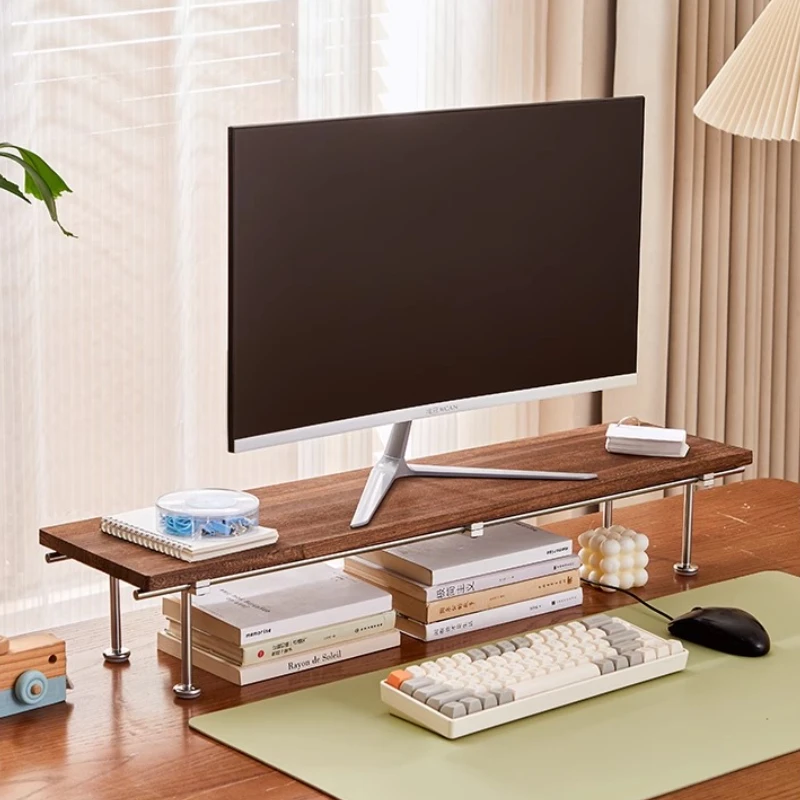 Solid Wood Monitor Stand Riser with Smooth Metal Rods Storage Holders Computer Screen Desktop Organizer for Office Desk Shelf