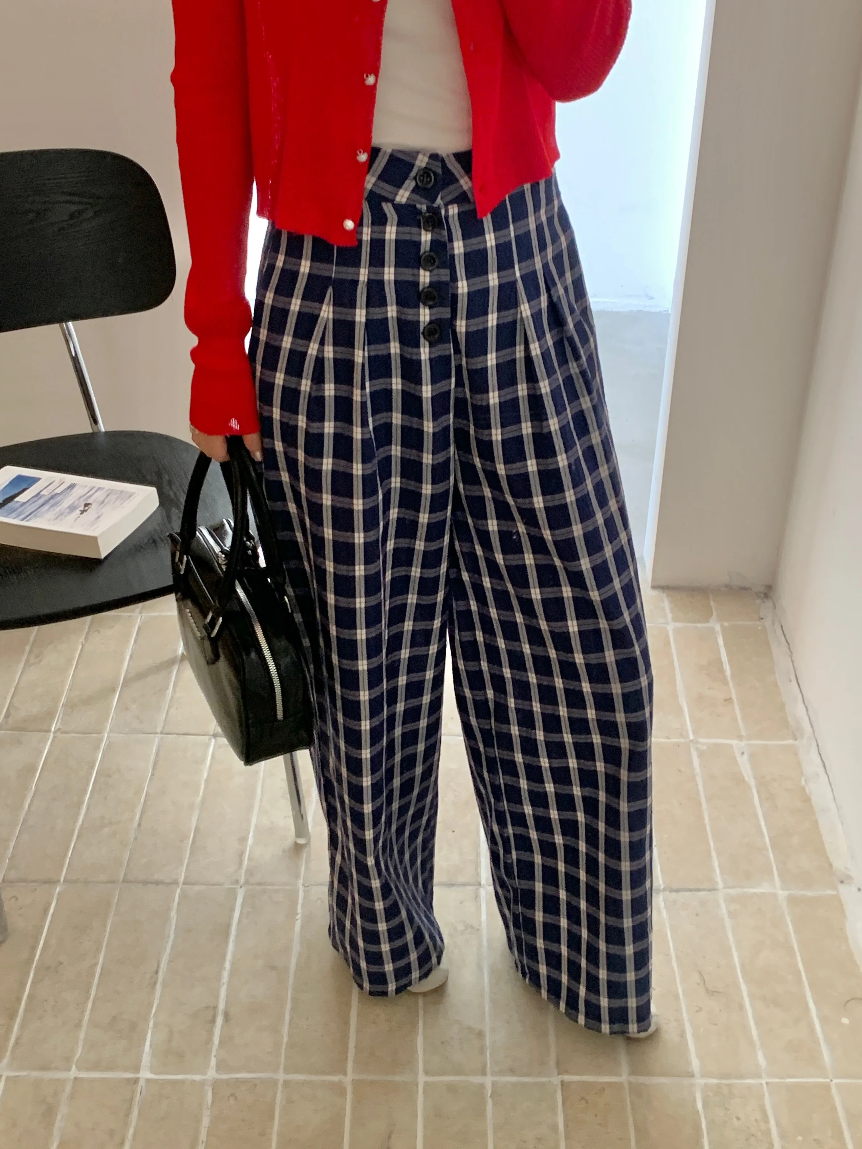 

High Waist Plaid Wide Leg Casual Pants, Lazy Style Loose Fit Checkered Floor-Length Design, Women's Fashion Bottoms