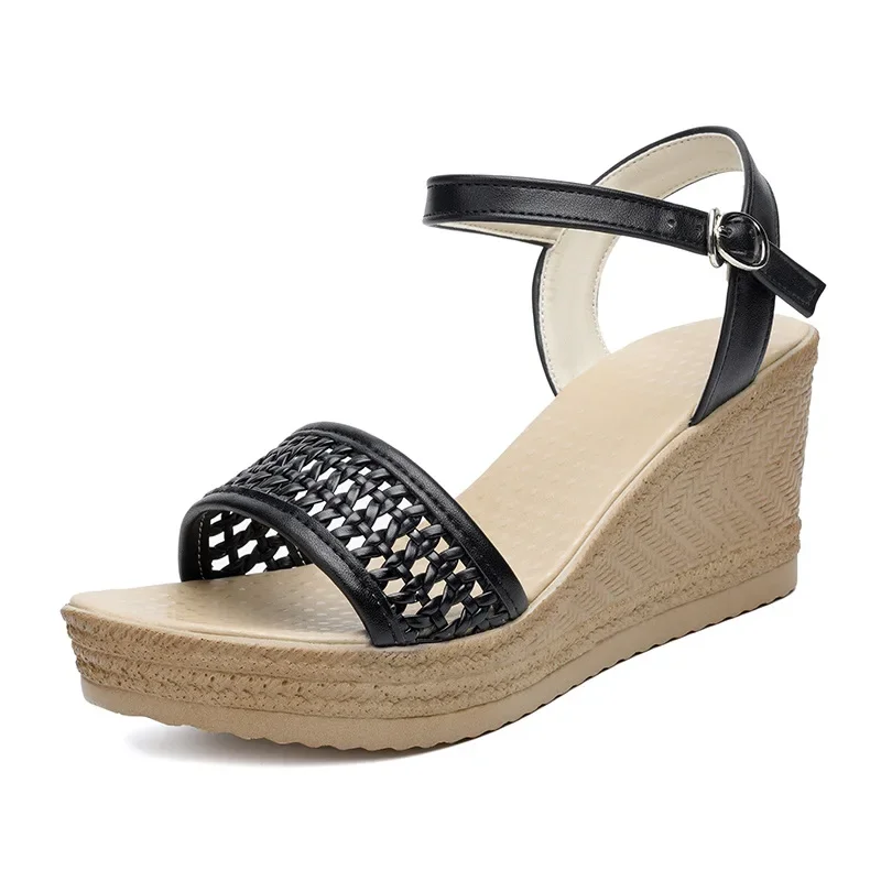 7.5cm All Match Comfortable Breathable Cutout Soft Leather Sandals 2025 Summer Womens High Heels Wedges Shoes Platform Sandals