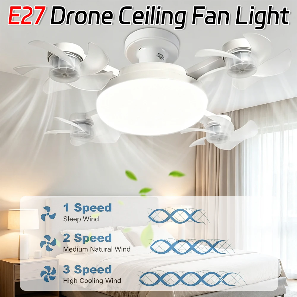 E27 Drone LED Ceiling Fan Light 3 Color Stepless Dimming Decorative Fanlight with Remote Control for Bedroom Living Room Kitchen