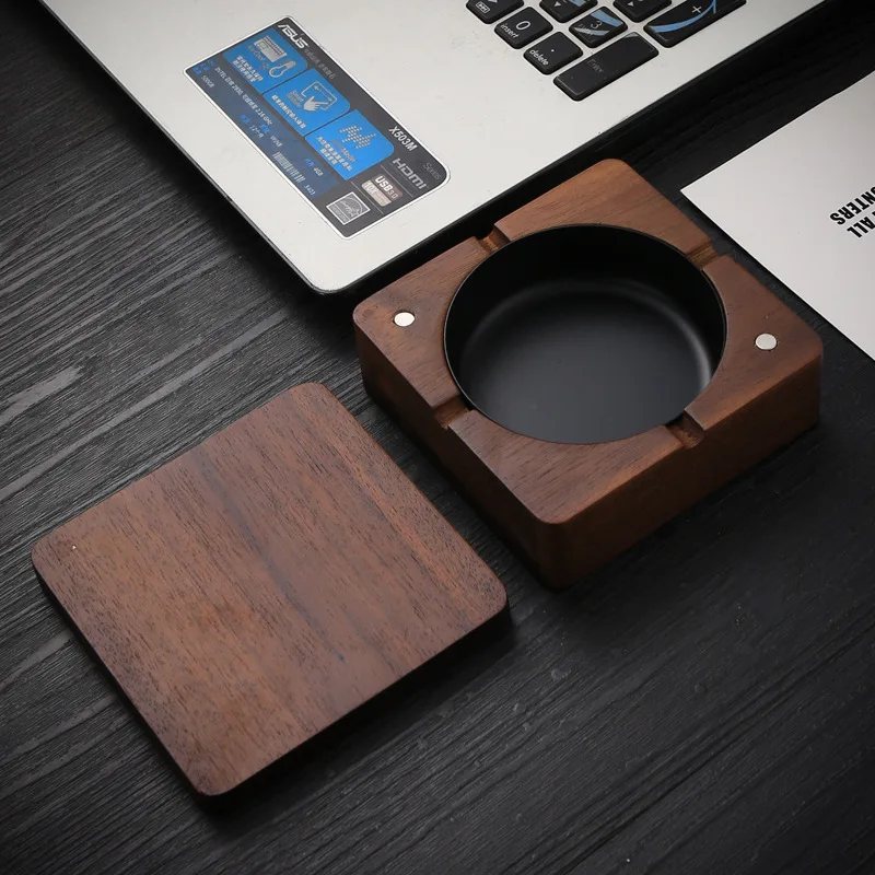 New Creative Ashtrays With Lid Walnut Wood Desktop Ashtray Stainless Steel Windproof Ash Tray for Smoking Office Home Decoration