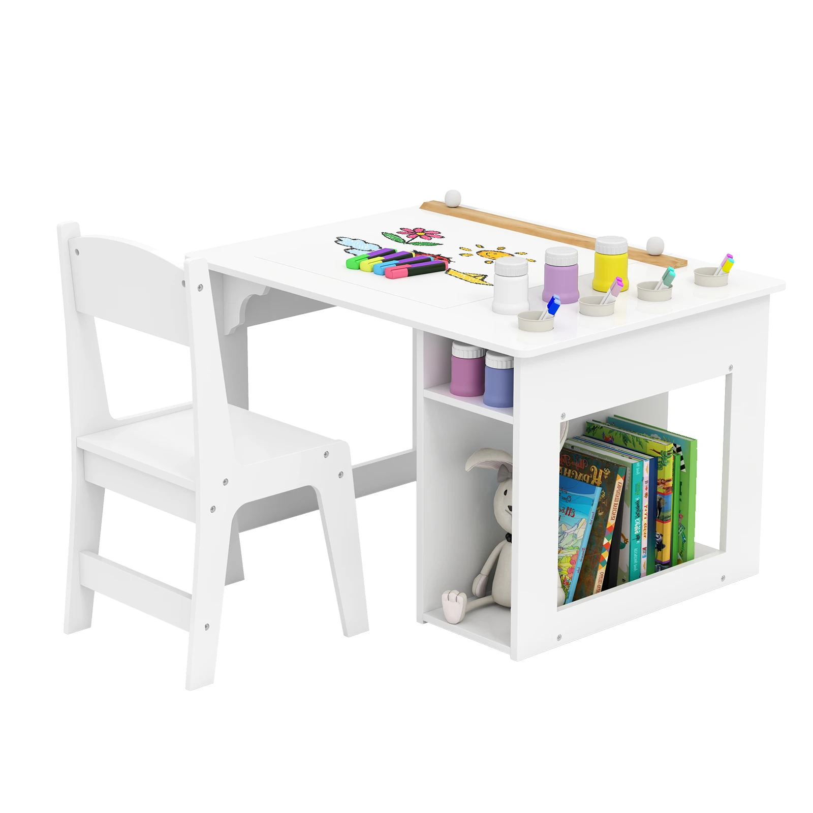 

Kid’s Art Table & Chair Set with Paper Roll 4 Paint Cups & 2 Storage Shelves