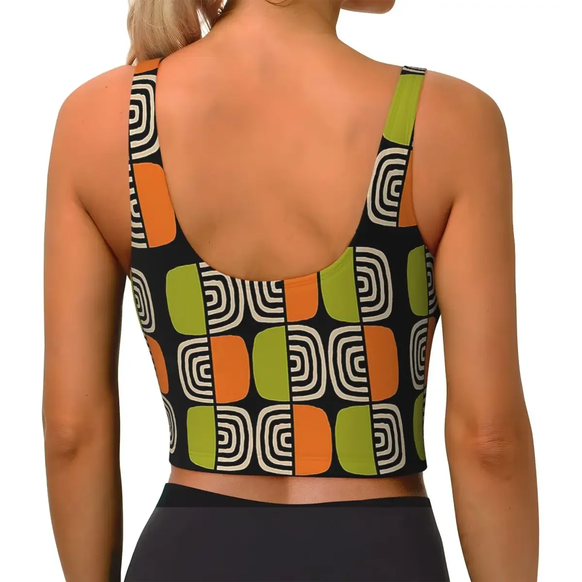 Custom Half Concentric Circle Pattern Black Orange Green And Beig Women Sports Bra High Impact Vest Workout Yoga Crop Tank Top