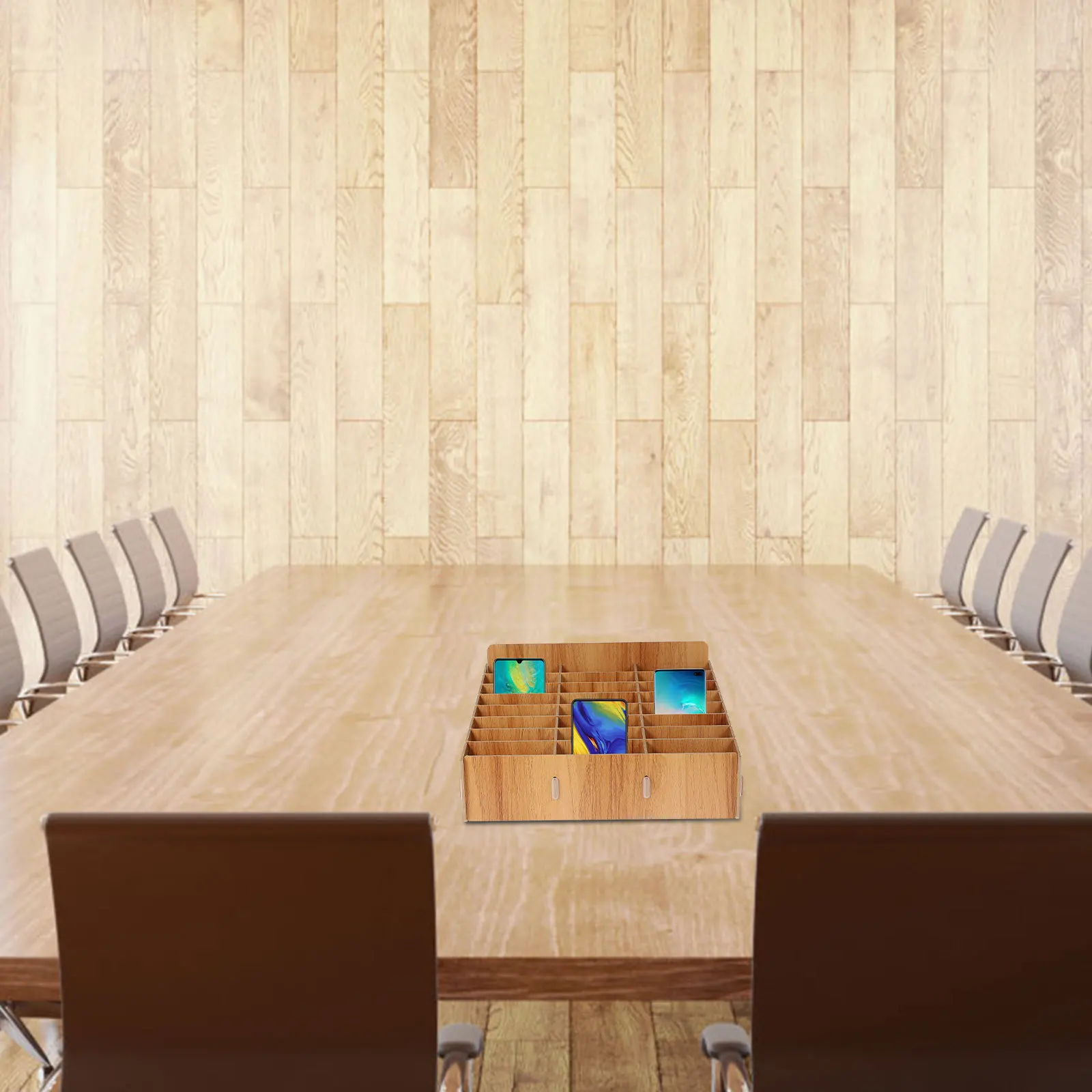 

1Pcs Mobile Phone Organizer Wooden Multi-Grid Storage Box 24 Grids Temporary Phone Display Case for School Meeting