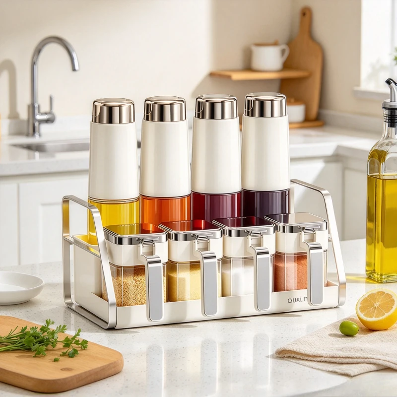 9 Piece Gravity Oil Dispenser Set Kitchen Condiment Kit with Four 500ml Bottles, 4 Spice Jars, Storage Rack and Auto Flip Lids